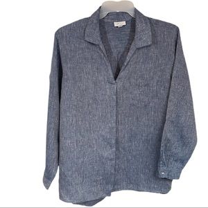 J.Jill Love Linen Top 100% Linen V-Neck Popover Blouse 2X Blue Roll Tab Sleeve